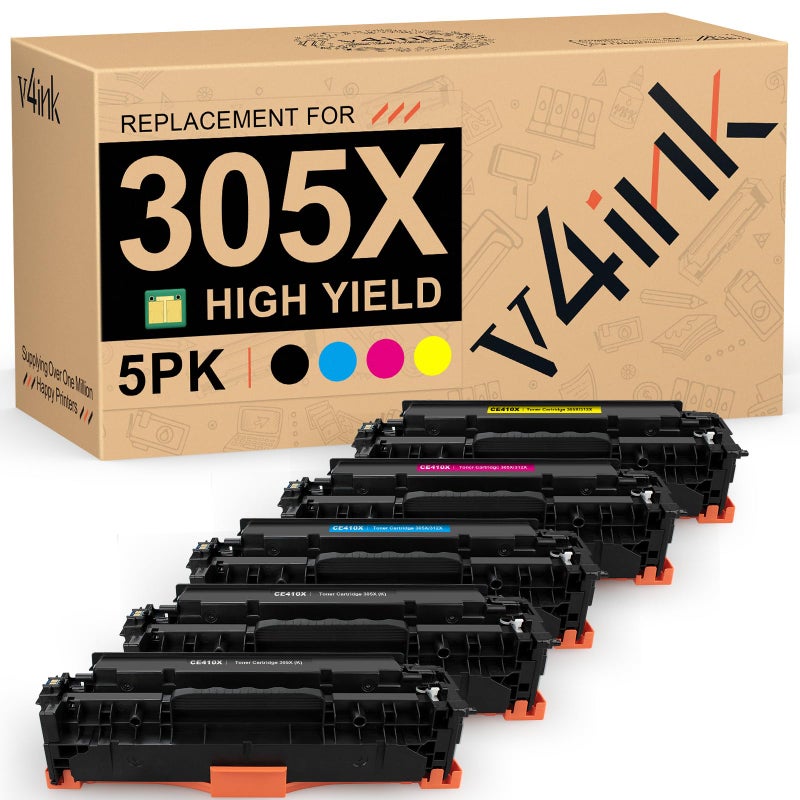 v4ink 5PK Remanufactured Toner Cartridge Replacement for HP 305X CE410X 305A CE410A CE411A CE412A CE413A Toner High Yield for HP Pro 400 MFP M475dn M475dw M451nw M451dn M451dw M375nw Printer - Image 1
